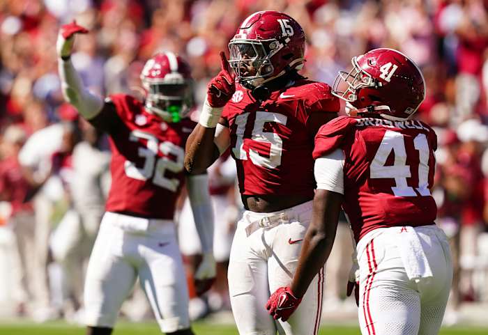 Oct 14, 2023; Tuscaloosa, Alabama, USA; Alabama Crimson Tide linebacker Dallas Turner (15) reacts after holding Arkansas Razorbacks to a loss of yardage during the fourth quarter at Bryant-Denny Stadium. Mandatory Credit: John David Mercer-USA TODAY Sports